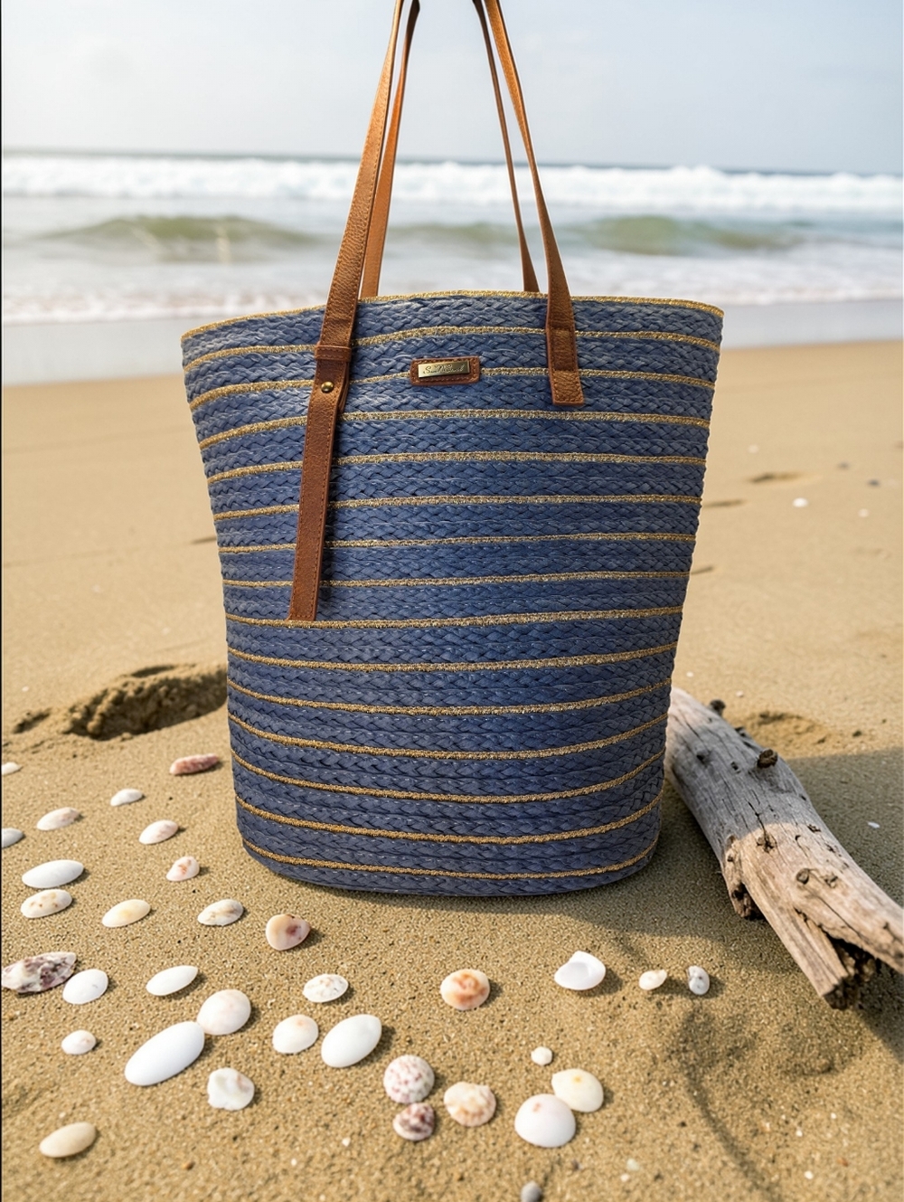 SALE!! Striped Blue & Tan Woven Straw Tote Bag with Shark Charm  NWT - Picture 7 of 8